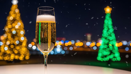 Festive Champagne Glass with Christmas Tree Bokeh and Falling Snow at Night
