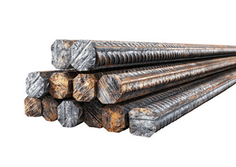 Stacked rebar pile, rusty and new, for construction on black background