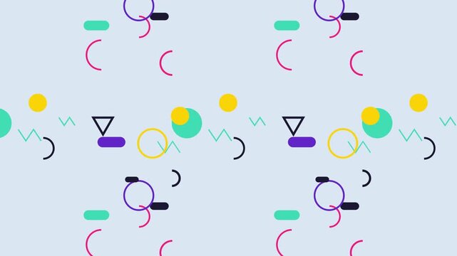 Modern retro memphis style geometric abstract pattern motion background animation vibrant shapes moving looping