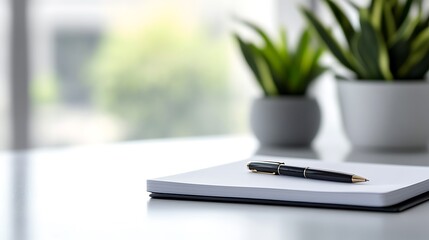 Partial Office Desk with Notebook and Pen, Cropped Composition and Large Clean Background, Soft Neutral Lighting, Minimal Realistic Corporate Work Environment, No People