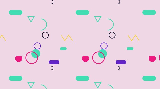 Dynamic colorful memphis style geometric shapes animation looping pattern background movement