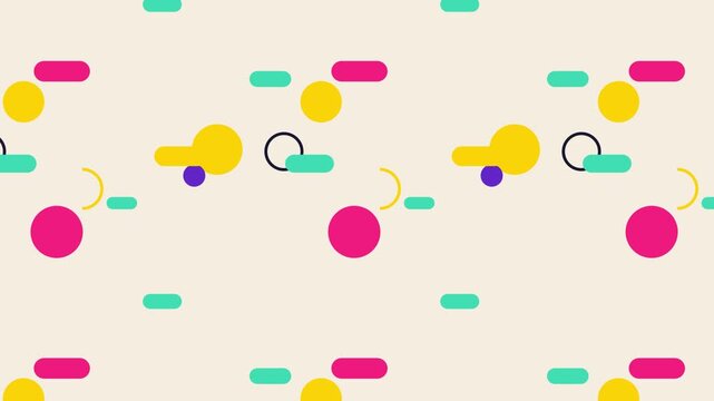 Bright playful geometric shapes form a looping memphis style abstract motion graphic background