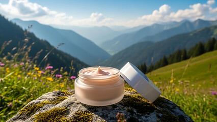 Organic Cosmetic Cream Jar on Rock with Scenic Mountain and Meadow Landscape