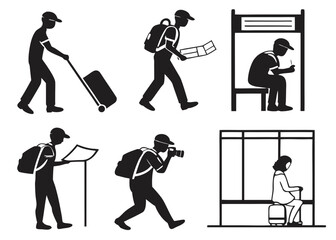 Silhouettes of travelers in various actions at airport or train station