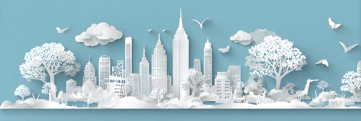 The person who knows. Tree, Achieve sustainable growth, World Environment Day. White eco urban city and nature landscape background paper art style.