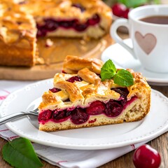 Slice of cherry pastry on a plate with cup of coffee