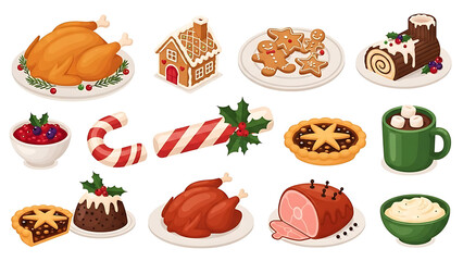 3D Christmas and Holiday Food Icon Set Featuring Roasted Turkey, Gingerbread, Ham, and Festive Desserts