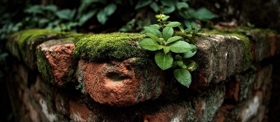 Weathered brick wall corner, overgrown with green moss and leafy plants