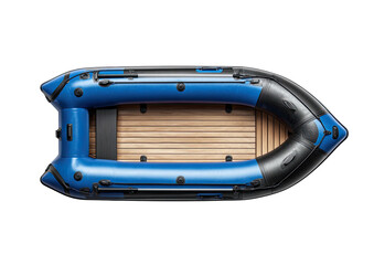 Top-down view of an inflatable blue, black, and wooden boat on black background