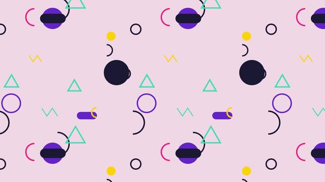 Vibrant abstract memphis pattern movement with colorful geometric shapes looping smoothly