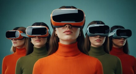 Diverse women wearing sleek virtual reality headsets, symbolizing a collective journey into future digital realms and advanced technological immersion, representing innovation and connectivity