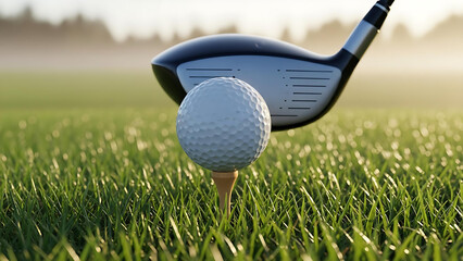 Close-Up of Golf Driver Ready to Hit Ball on Tee in Green Grass at Sunset for Sports Concept