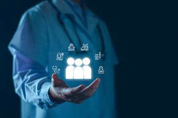 Male medicine doctor hold healthcare medical icons for the Health insurance concept in hospital background