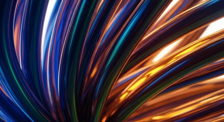 Vibrant digital abstract featuring flowing illuminated lines, creating a futuristic pattern with iridescent metallic reflections and a captivating play of light and shadow