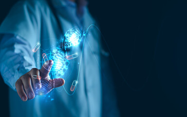 Medicine doctor touching electronic medical record with intelligence software AI tech, DNA, Digital healthcare and network connection on hologram modern virtual screen, medical telemedicine.