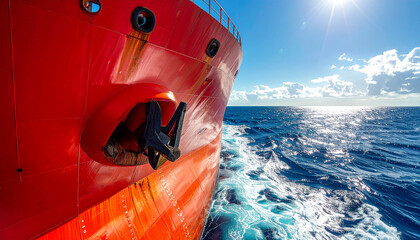 Navigating the Open Sea: A striking vessel cuts through the open ocean, the bow painted a vibrant red under a brilliant blue sky, as it embarks on a journey of discovery and commerce.