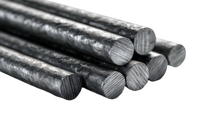Stacked, dark gray metal rods with textured surfaces