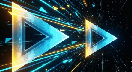 Dynamic abstract visualization of glowing geometric arrows and light trails against a dark background, evoking concepts of digital progress, speed, and advanced technology