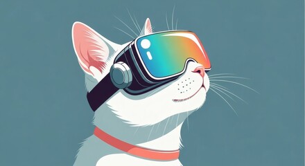 Curious white cat exploring an immersive digital world, wearing a vibrant rainbow virtual reality headset, symbolizing futuristic pet entertainment and innovative technology experiences
