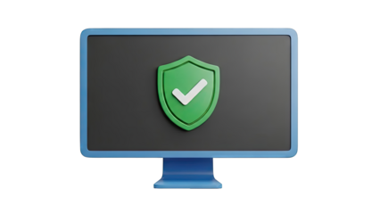 Computer monitor with a green shield and checkmark icon