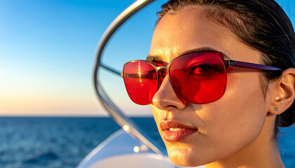 Serene Voyage: A woman gazes out to sea through fashionable sunglasses on a bright day, the epitome of sophisticated travel and relaxation.