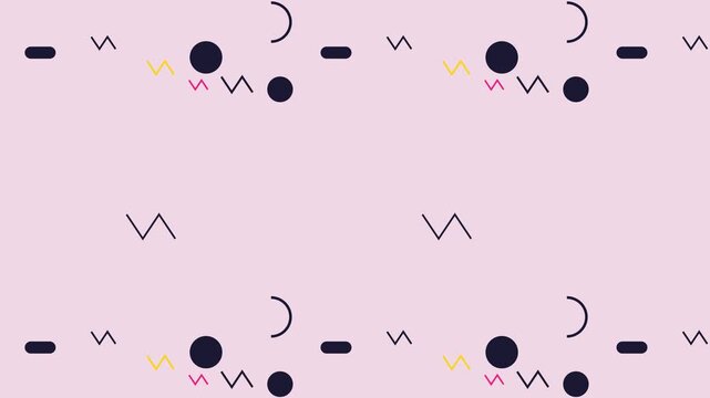 Vibrant animated memphis pattern movement featuring abstract geometric shapes on light pink background