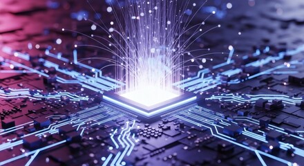 Futuristic digital processing core with light data streams on a sophisticated circuit board, symbolizing advanced technology and artificial intelligence innovation