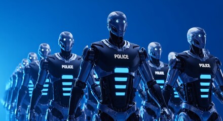 Futuristic police robots patrol a glowing blue futuristic city street, embodying advanced law enforcement technology