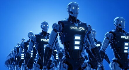 A futuristic army of advanced artificial intelligence machines forming a formidable robotic law enforcement unit, patrolling the urban landscape of tomorrow