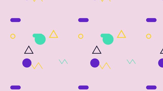 Vibrant retro memphis style pattern with animated geometric shapes moving on a colorful pink background loop