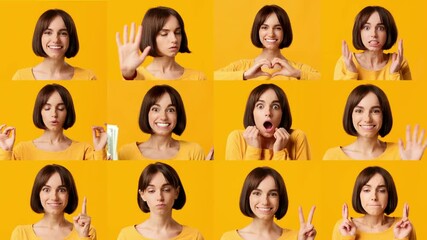 A young woman showcases diverse emotions in a collage, featuring expressions of joy, surprise, and contemplation against a bright yellow background. The vibrant colors enhance her playful demeanor.