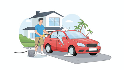 Red Car Being Washed At Home.