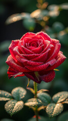 Red Rose Macro with Dew Drops in Garden Bokeh