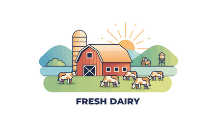Fototapeta premium Dairy Farm Barn With Cows In Pasture Under Sun.