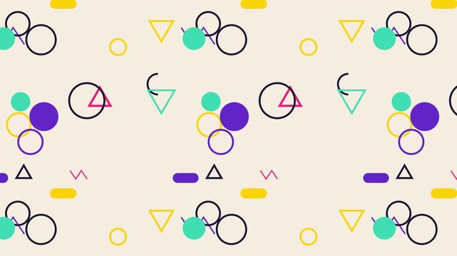 Bright retro memphis style geometric pattern animated motion graphic loop with various colorful shapes moving