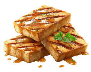 Stack of grilled tofu drizzled with sauce and garnished with parsley