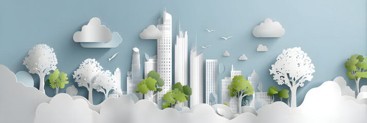 The person who knows. Tree, Achieve sustainable growth, World Environment Day. White eco urban city and nature landscape background paper art style.