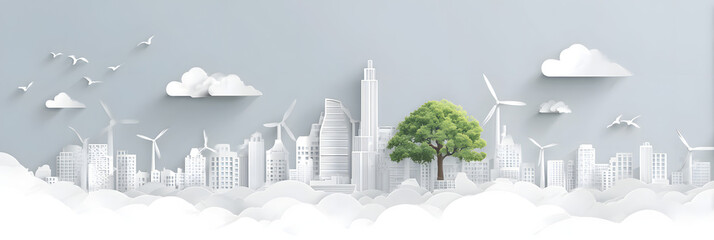 The person who knows. Tree, Achieve sustainable growth, World Environment Day. White eco urban city and nature landscape background paper art style.