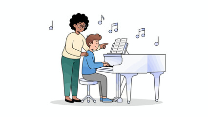 Fototapeta premium A young boy playing piano with his teacher guiding him in a vector illustration