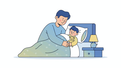 Father and child sharing a tender bedtime moment together in a cozy bedroom vector illustration
