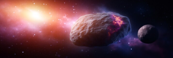 Asteroid flying through deep space near a nebula and small planet