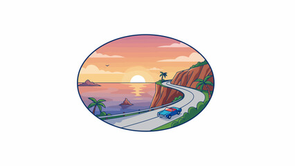 Coastal Road Journey Vector Illustration at Sunset with Ocean View