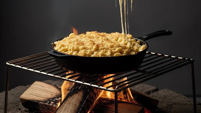 Delicious Mac and Cheese Cooking over Open Fire with Rustic Ambiance Food Photography