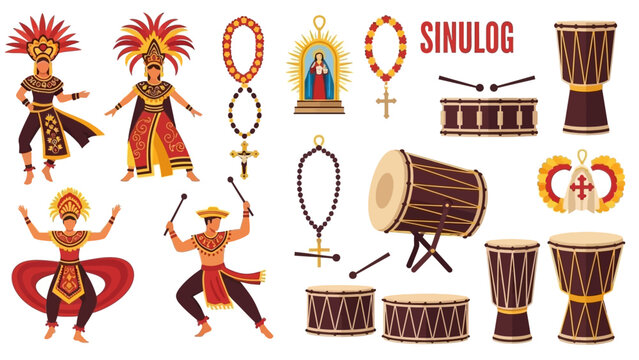 Sinulog Festival Elements Dancers, Instruments, and Religious Symbols in Vector Illustrations