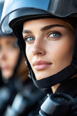 Woman officer wearing helmet looking forward