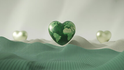 A heart shaped globe with green continents floats above serene wavy landscapes