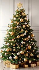 Christmas tree decorating with golden ornaments and lights