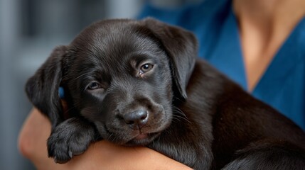 Black Labrador puppy receiving care in veterinary clinic