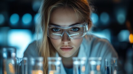Woman scientist wearing safety goggles working in laboratory