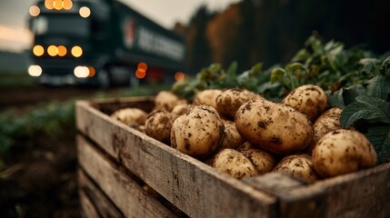 Harvested potatoes in wooden crate with truck in background